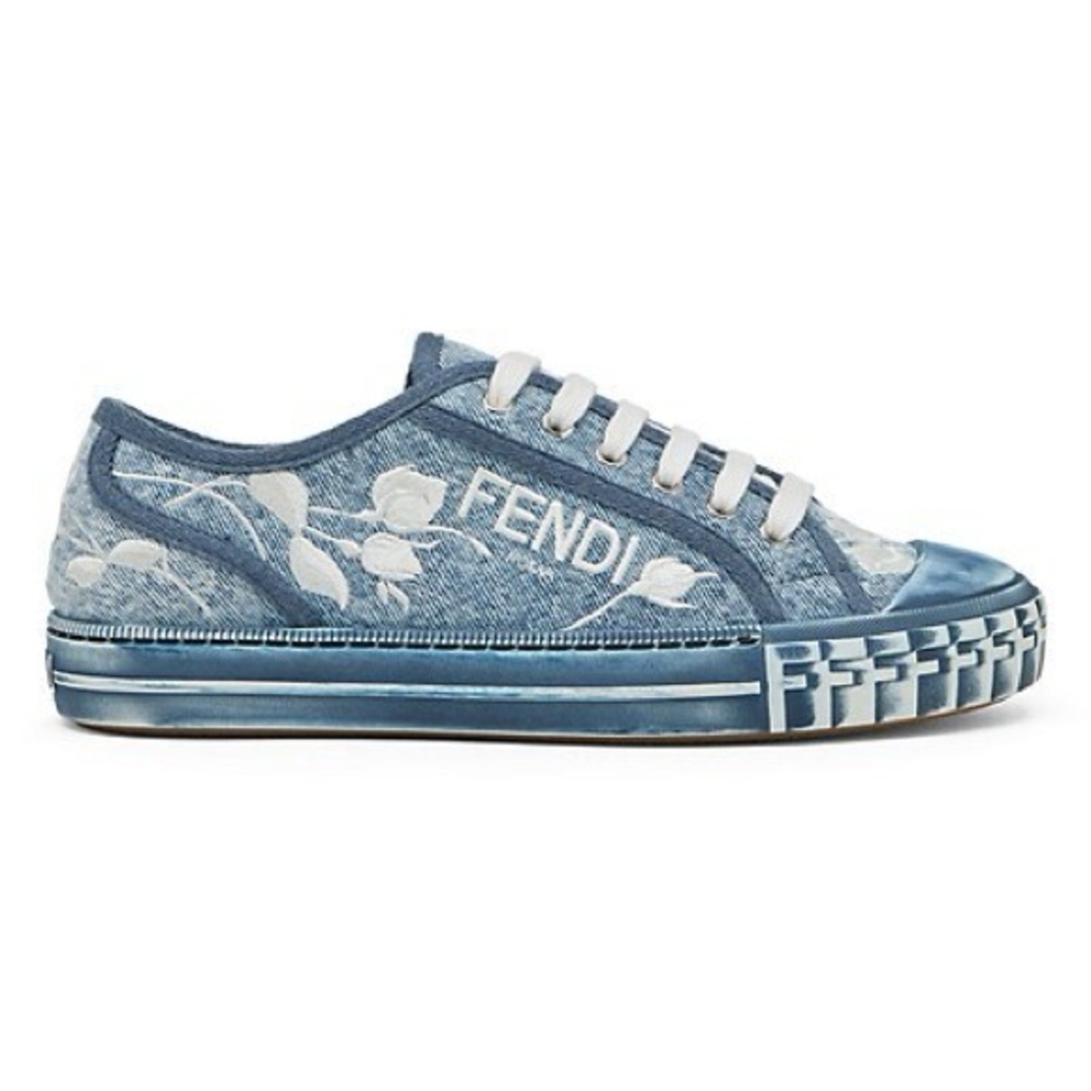 FENDI Denim Logo Rose Embroidered Womens Domino Low Top Sneakers US 9/EU 39